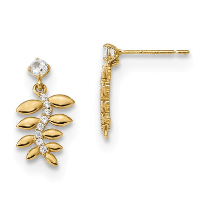 14K Yellow Gold Madi K Kids Cz Fern Leaves Dangle Post Earrings