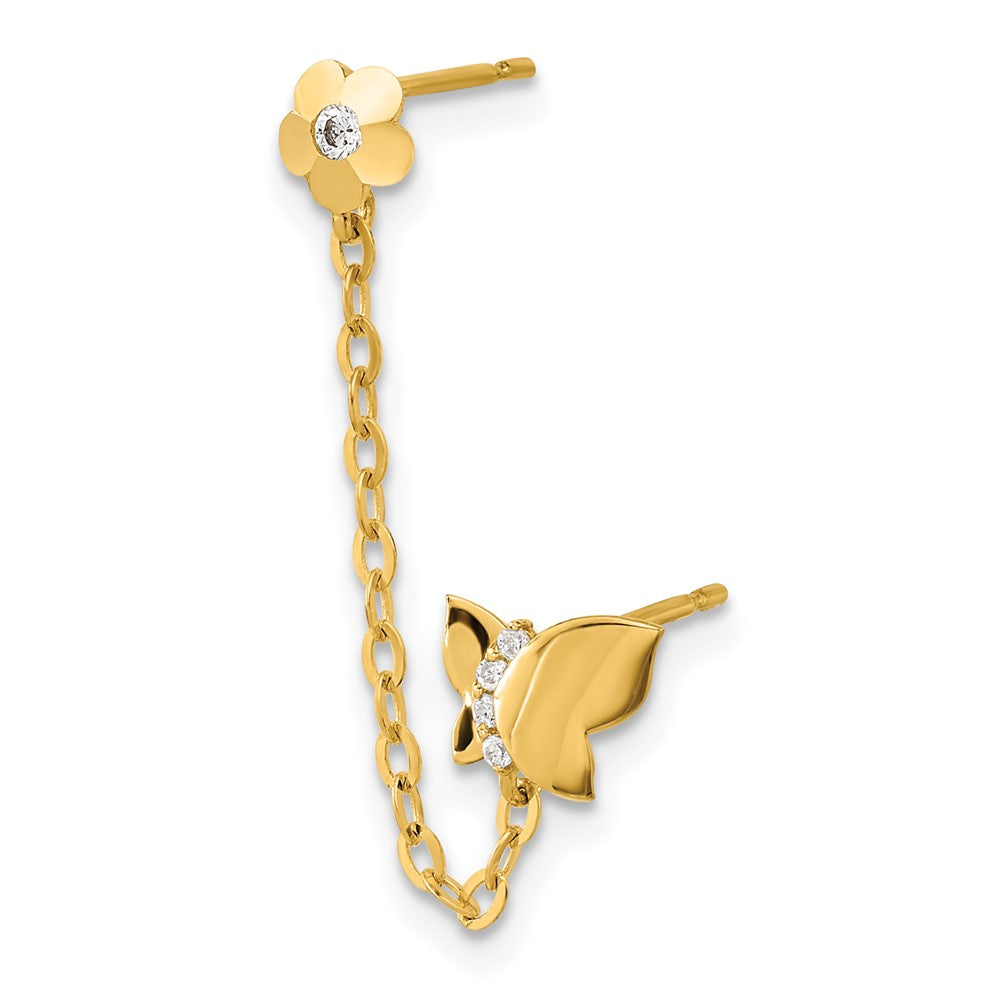 14K Yellow Gold Madi K Cz Double Post Chain Butterfly & Flower Single Earring
