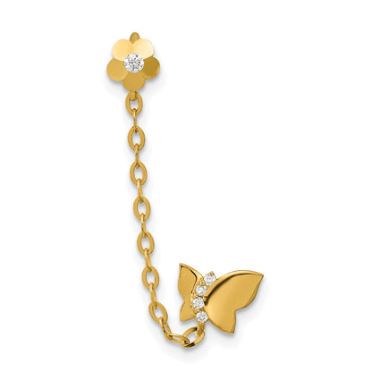 14K Yellow Gold Madi K Cz Double Post Chain Butterfly & Flower Single Earring