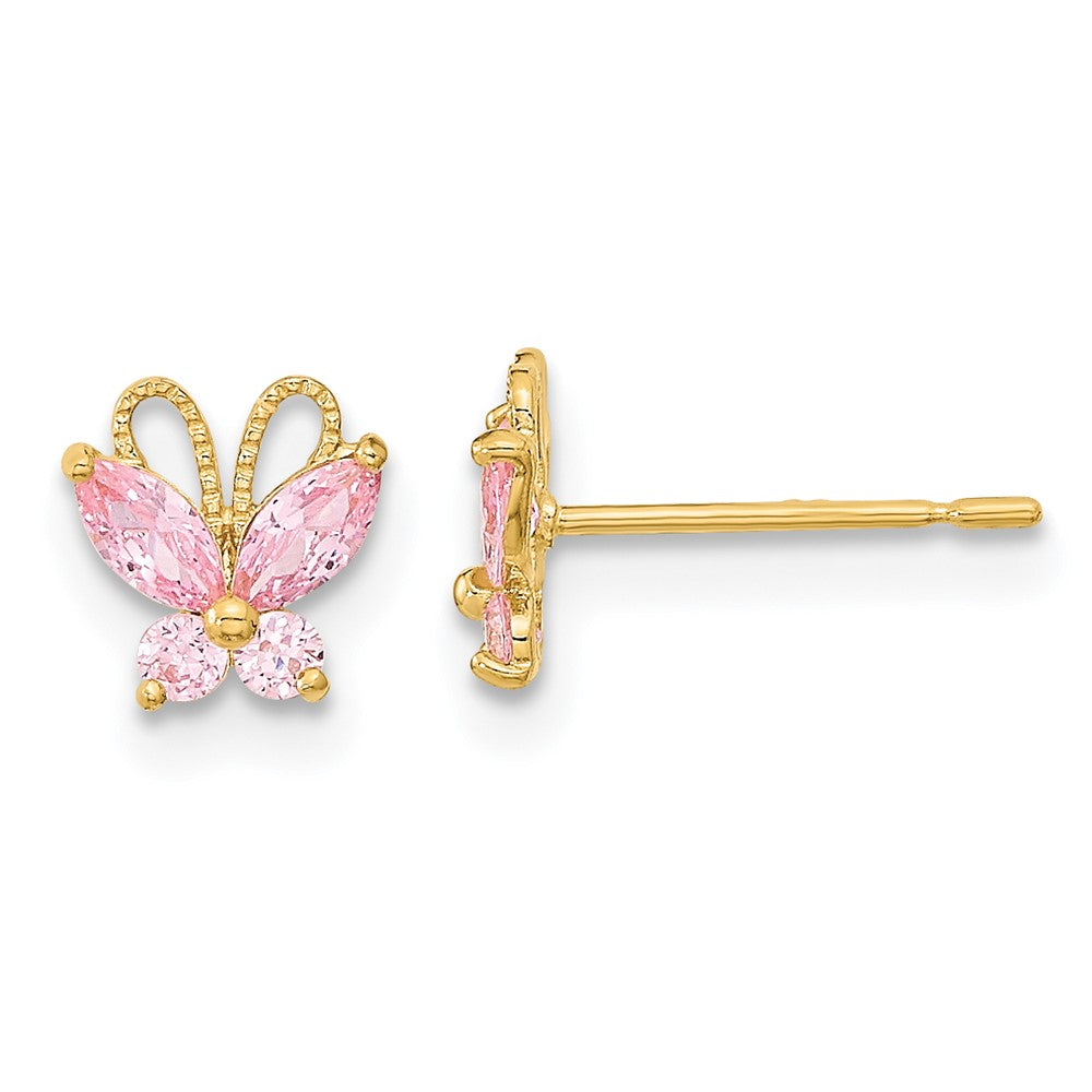 14K Yellow Gold Madi K Kids Pink Cz Butterfly Post Earrings