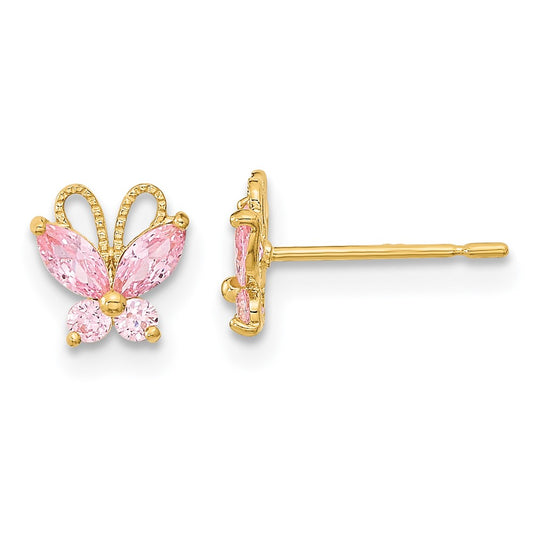 14K Yellow Gold Madi K Kids Pink Cz Butterfly Post Earrings
