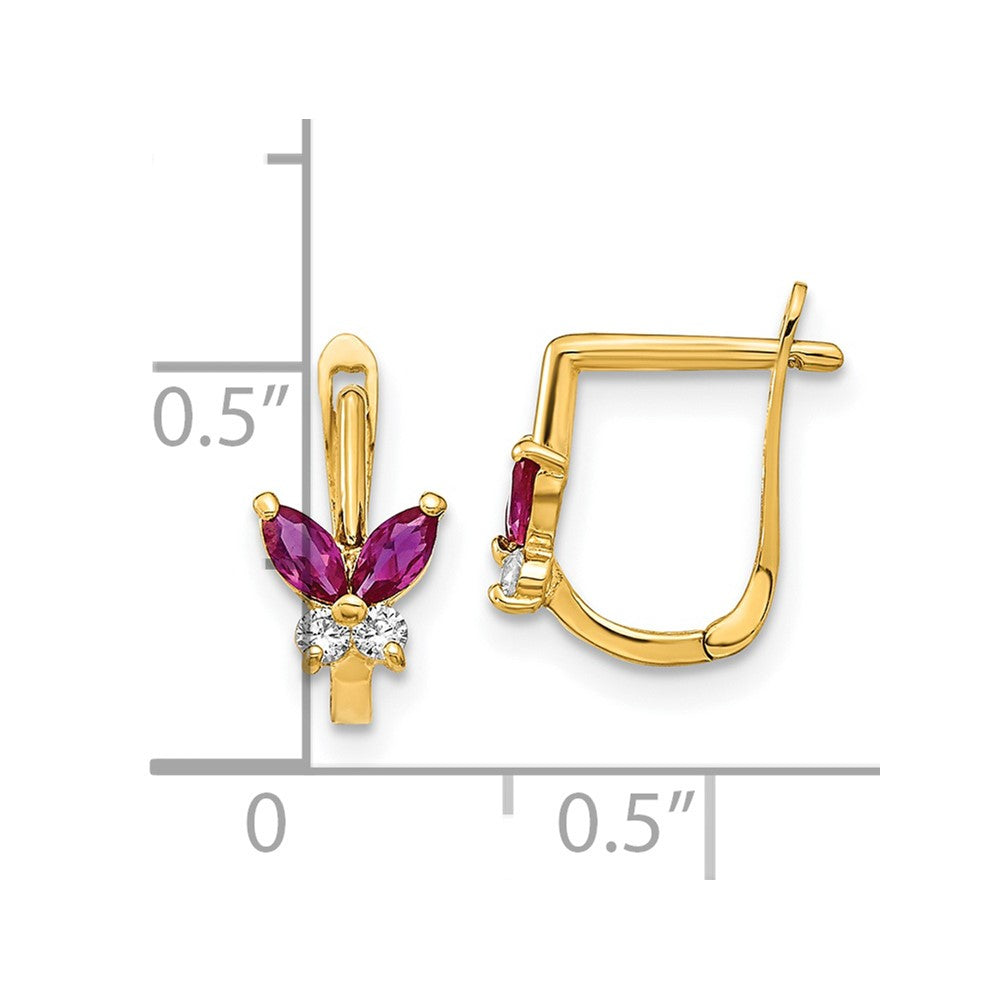 14K Yellow Gold Madi K Polished Red And White Cz Butterfly Hoops