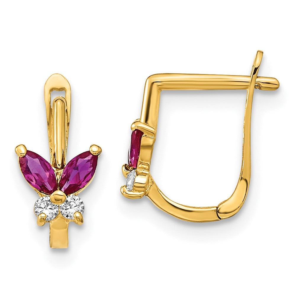 14K Yellow Gold Madi K Polished Red And White Cz Butterfly Hoops