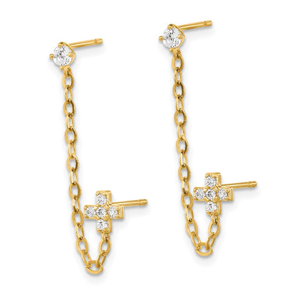 14K Yellow Gold Madi K Double Post Chain Cz Cross Earring (Single)