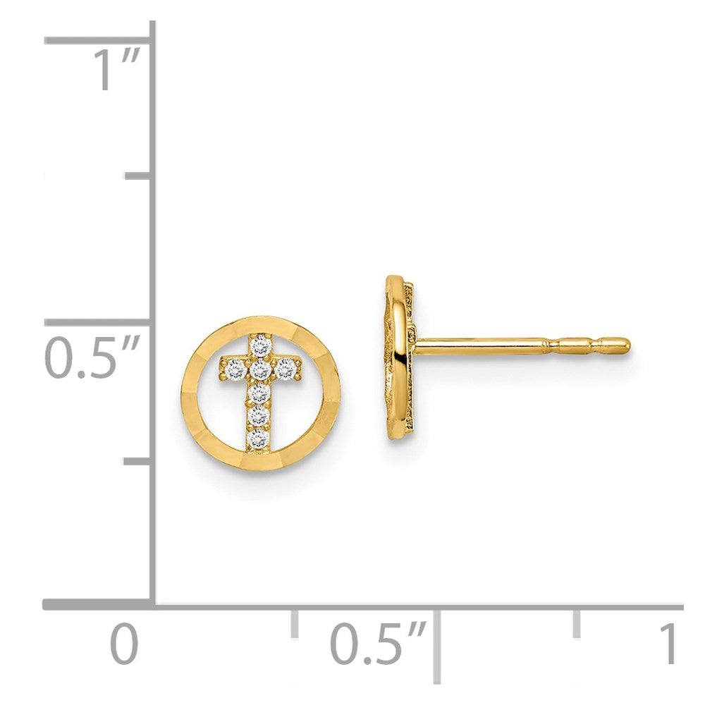 14K Yellow Gold Madi K Cz Diamond Cut Circle Cross Post Earrings