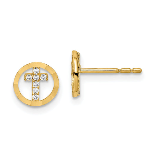 14K Yellow Gold Madi K Cz Diamond Cut Circle Cross Post Earrings