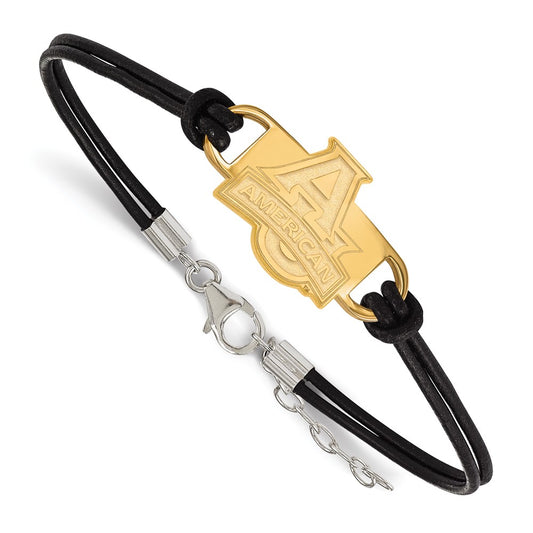 Gold Plated Sterling Silver Logoart American University Small Center Black Leather 7 Inch Bracelet With Extender
