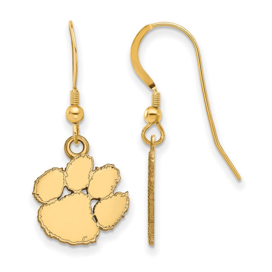 Gold Plated Sterling Silver Logoart Clemson University Tiger Paw Small Dangle Wire Earrings