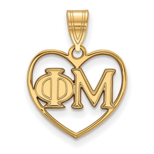 Gold Plated Sterling Silver Logoart Phi Mu Sorority Greek Letters Heart Pendant