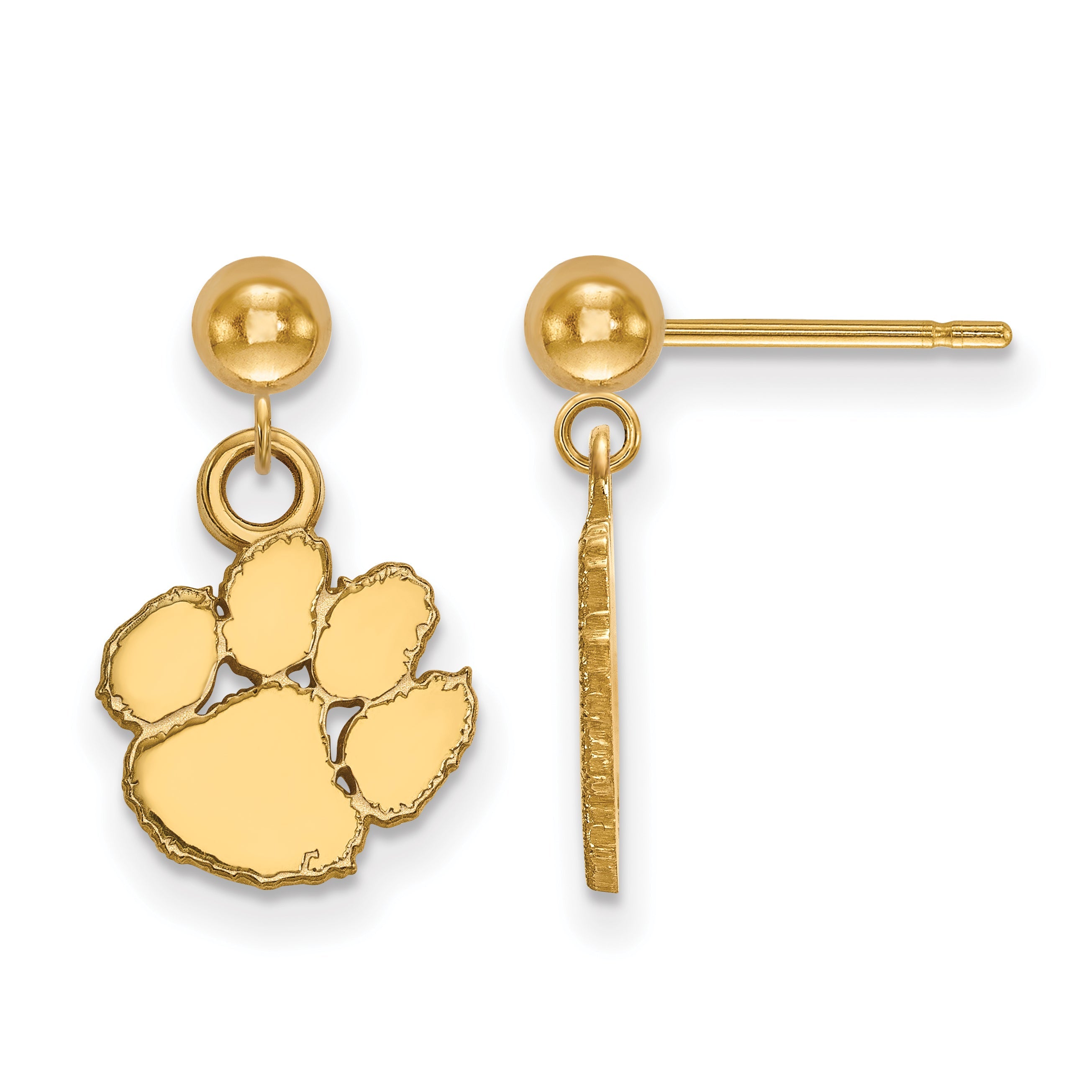 14K Yellow Gold Logoart Clemson University Tiger Paw Dangle Ball Post Earrings
