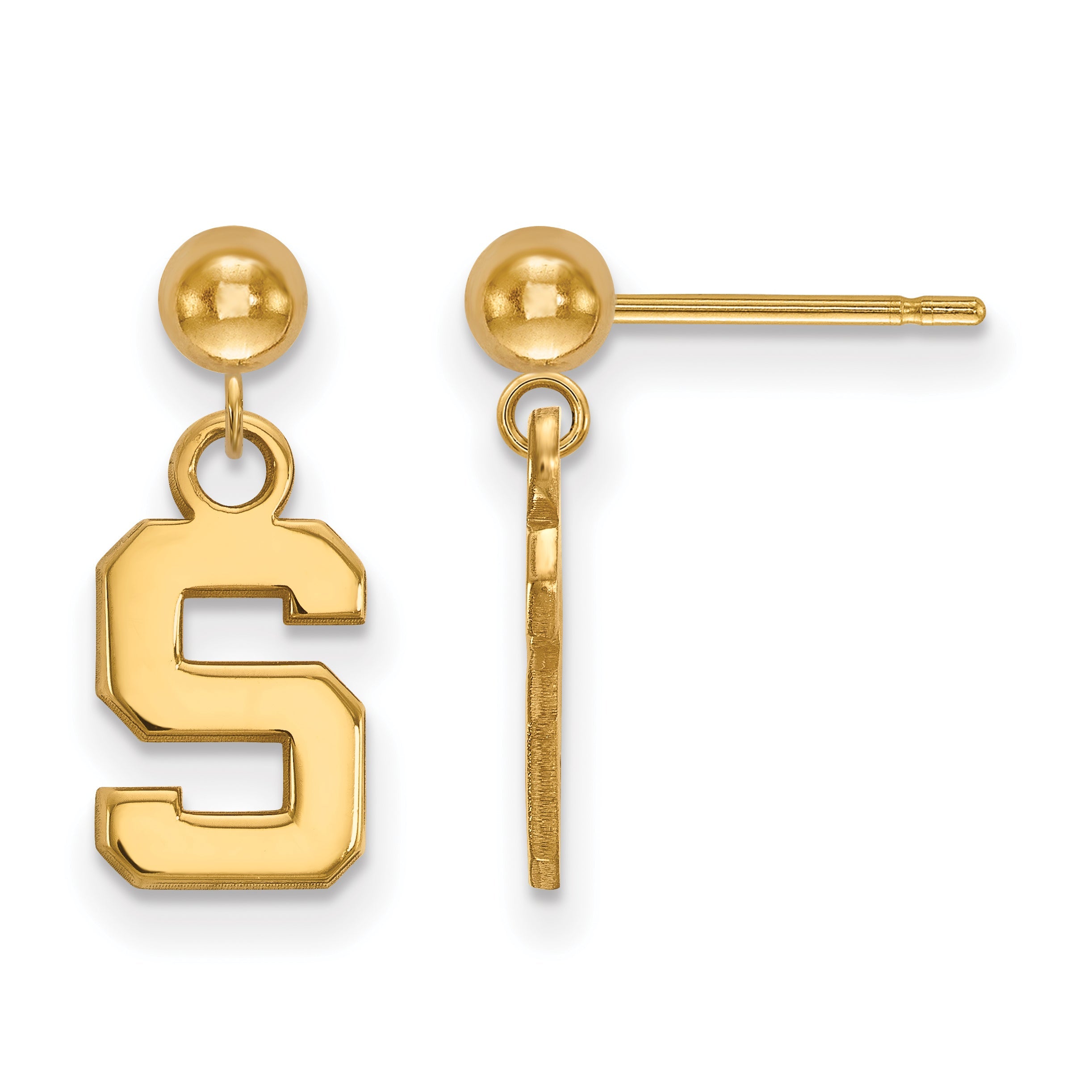 Gold Plated Sterling Silver Logoart Michigan State University Letter S Dangle Ball Post Earrings