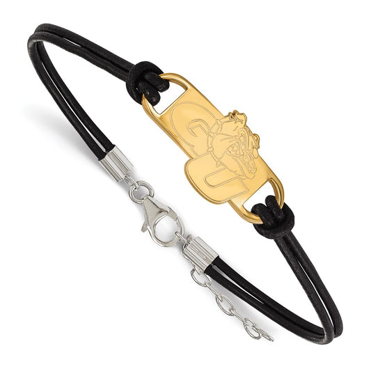 Gold Plated Sterling Silver Logoart Gonzaga University G U Bulldog Small Center Black Leather 7 Inch Bracelet With Extender