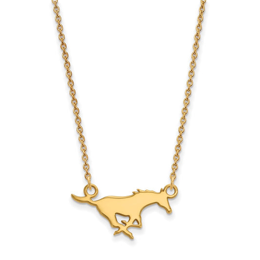 Gold Plated Sterling Silver Logoart Southern Methodist University Mustang Small Pendant 18 Inch Necklace