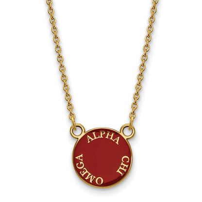 Gold Plated Sterling Silver Logoart Alpha Chi Omega Sorority Text Small Color Enamel Pendant 18 Inch Necklace