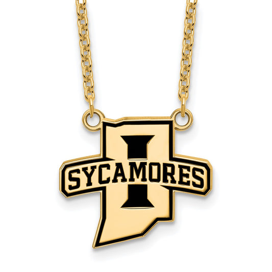 Gold Plated Sterling Silver Logoart Indiana State University Sycamores Large Enameled Pendant 18 Inch Necklace