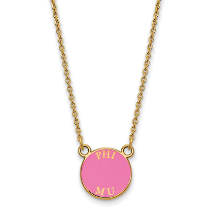 Gold Plated Sterling Silver Logoart Phi Mu Sorority Text Small Color Enamel Pendant 18 Inch Necklace