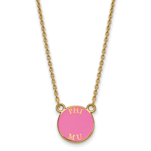 Gold Plated Sterling Silver Logoart Phi Mu Sorority Text Small Color Enamel Pendant 18 Inch Necklace
