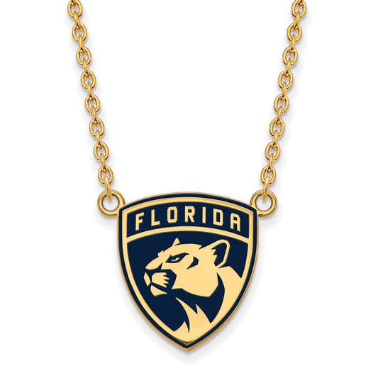 Gold Plated Sterling Silver Nhl Logoart Florida Panthers Large Enameled Pendant 18 Inch Necklace