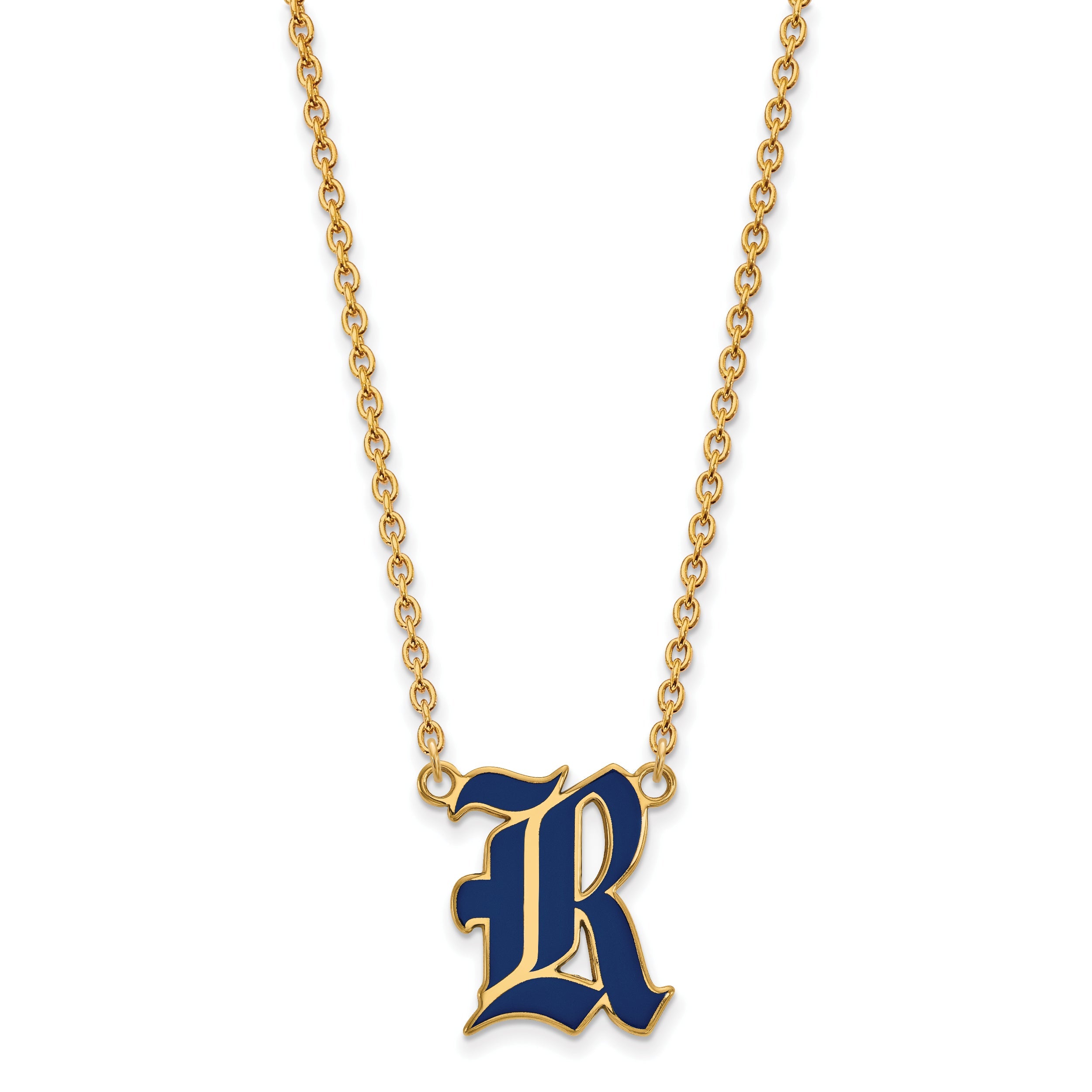 Gold Plated Sterling Silver Logoart Rice University Letter R Large Enameled Pendant 18 Inch Necklace