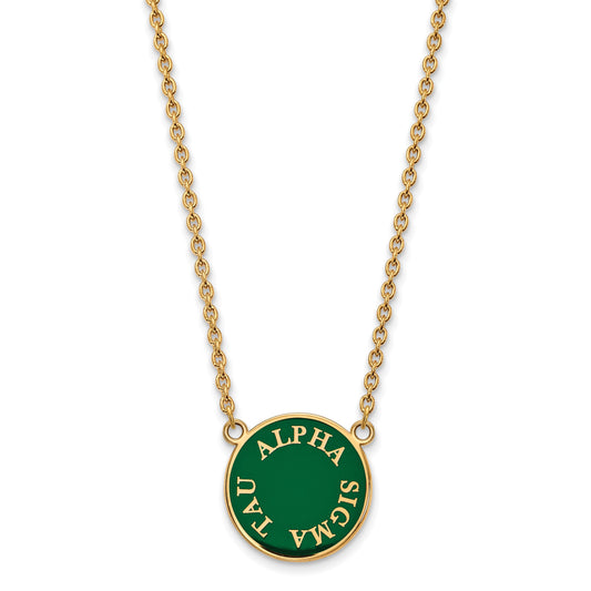 Gold Plated Sterling Silver Logoart Alpha Sigma Tau Sorority Text Large Color Enamel Pendant 18 Inch Necklace