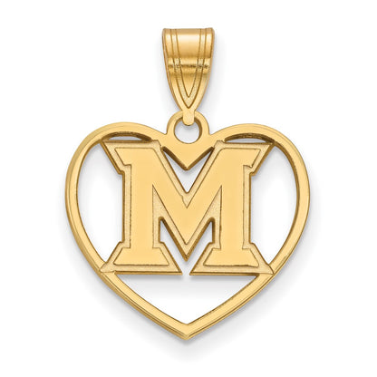 Gold Plated Sterling Silver Logoart Miami University Ohio Letter M Heart Pendant