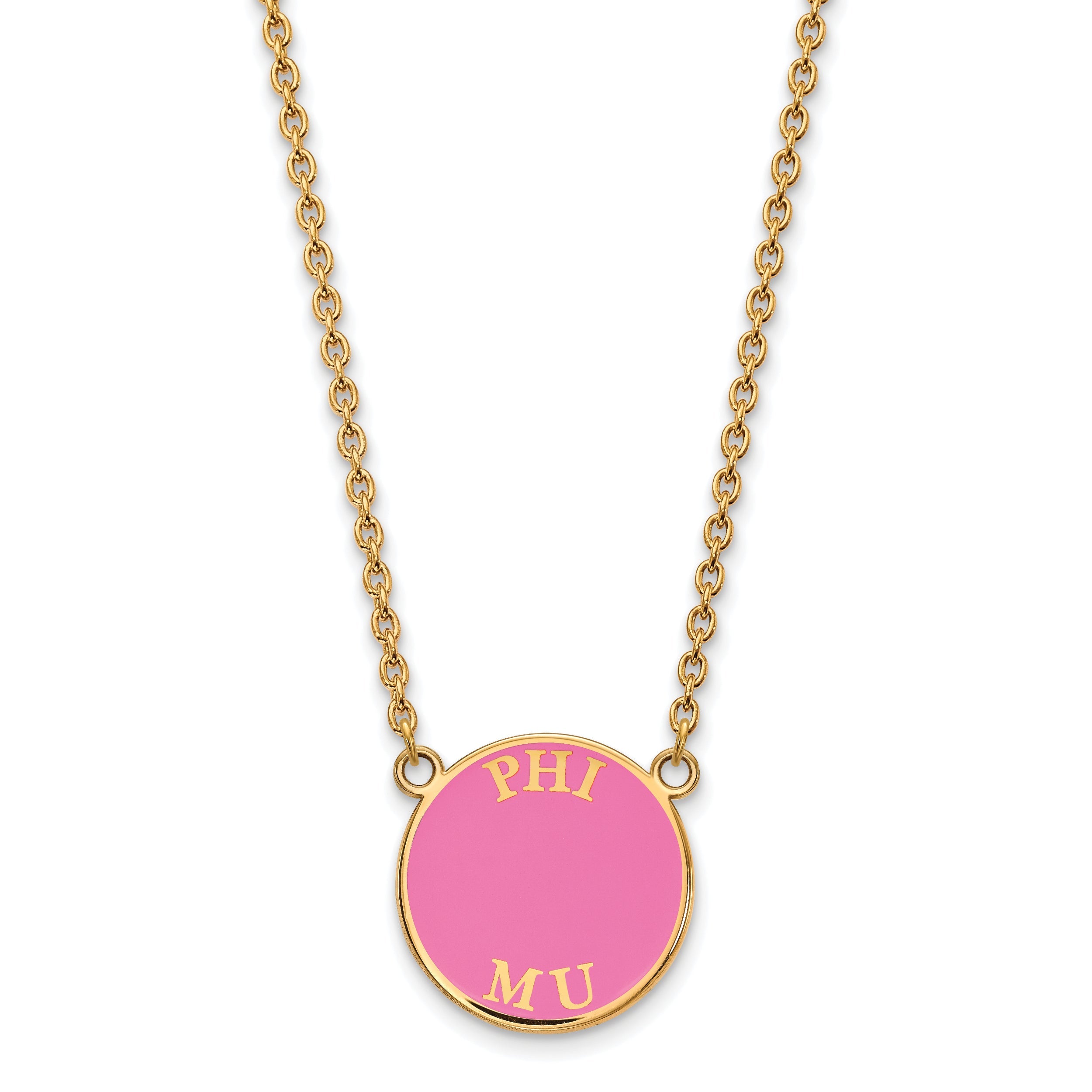 Gold Plated Sterling Silver Logoart Phi Mu Sorority Text Large Color Enamel Pendant 18 Inch Necklace