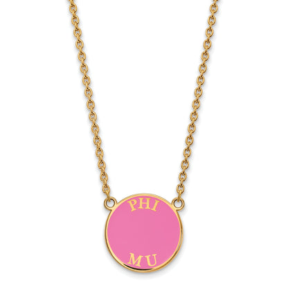 Gold Plated Sterling Silver Logoart Phi Mu Sorority Text Large Color Enamel Pendant 18 Inch Necklace