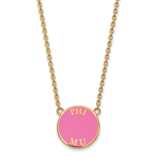 Gold Plated Sterling Silver Logoart Phi Mu Sorority Text Large Color Enamel Pendant 18 Inch Necklace