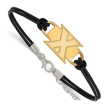 Gold Plated Sterling Silver Logoart Xavier University Letter X Black Leather 7 Inch Bracelet With Extender