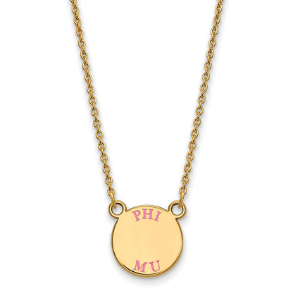 Gold Plated Sterling Silver Logoart Phi Mu Sorority Text Small Color Enamel Pendant 18 Inch Necklace