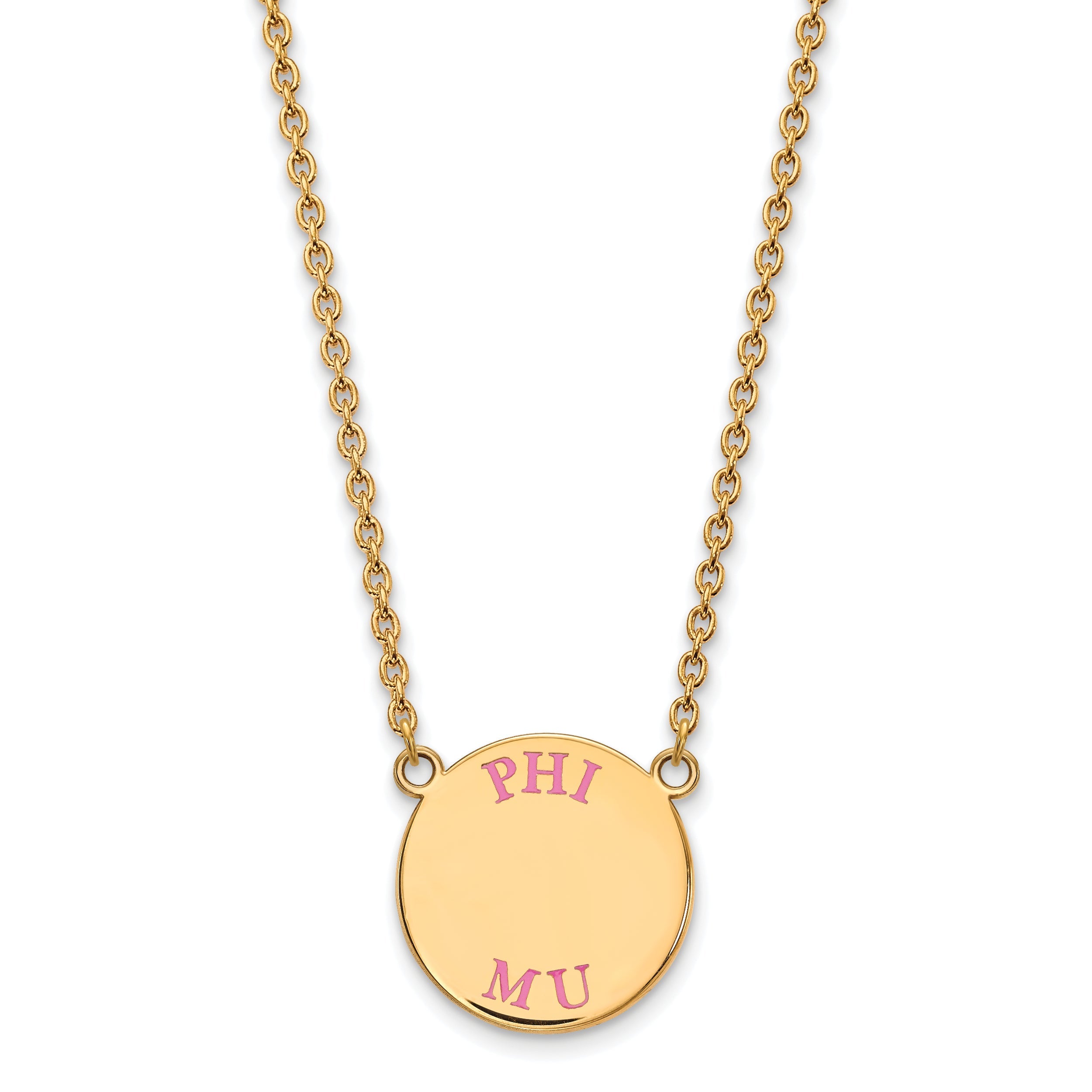 Gold Plated Sterling Silver Logoart Phi Mu Sorority Text Large Color Enamel Pendant 18 Inch Necklace