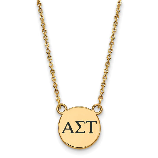 Gold Plated Sterling Silver Logoart Alpha Sigma Tau Sorority Greek Letters Small Black Enamel Pendant 18 Inch Necklace