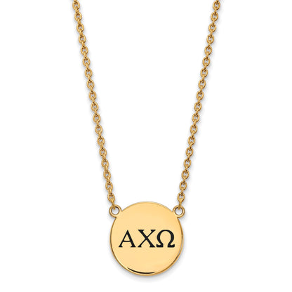 Gold Plated Sterling Silver Logoart Alpha Chi Omega Sorority Greek Letters Large Black Enamel Pendant 18 Inch Necklace
