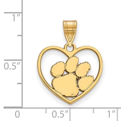 Gold Plated Sterling Silver Logoart Clemson University Tiger Paw Heart Pendant