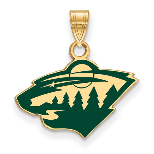 Gold Plated Sterling Silver Nhl Logoart Minnesota Wild Small Enameled Pendant