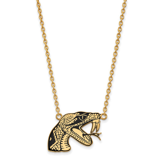 Gold Plated Sterling Silver Logoart Florida A And M University Rattler Large Enameled Pendant 18 Inch Necklace