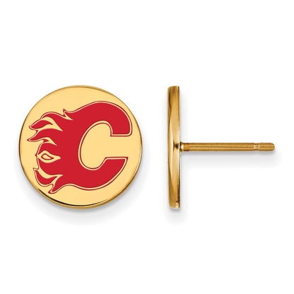 Gold Plated Sterling Silver Nhl Logoart Calgary Flames Small Enamel Disc Post Earrings