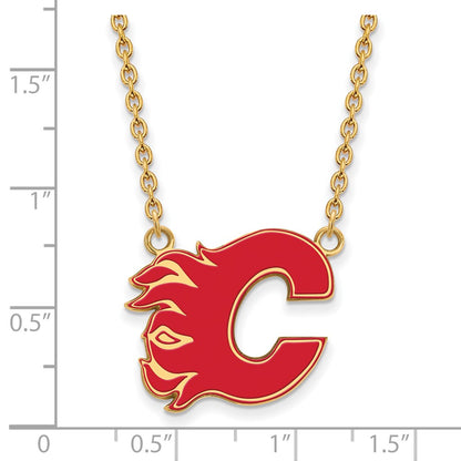 Gold Plated Sterling Silver Nhl Logoart Calgary Flames Letter C Large Enameled Pendant 18 Inch Necklace