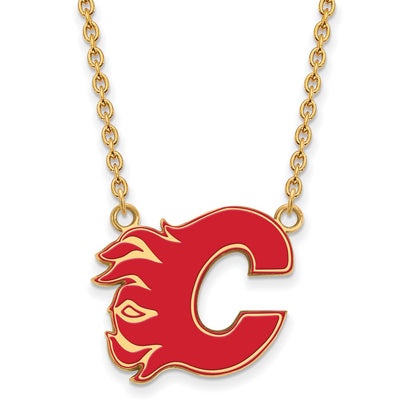 Gold Plated Sterling Silver Nhl Logoart Calgary Flames Letter C Large Enameled Pendant 18 Inch Necklace