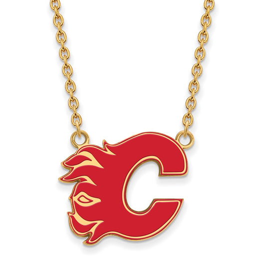 Gold Plated Sterling Silver Nhl Logoart Calgary Flames Letter C Large Enameled Pendant 18 Inch Necklace