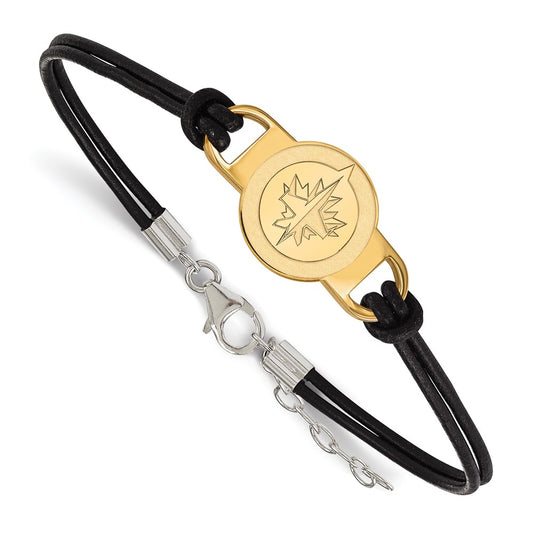 Gold Plated Sterling Silver Nhl Logoart Winnipeg Jets Small Center Black Leather 7 Inch Bracelet With Extender