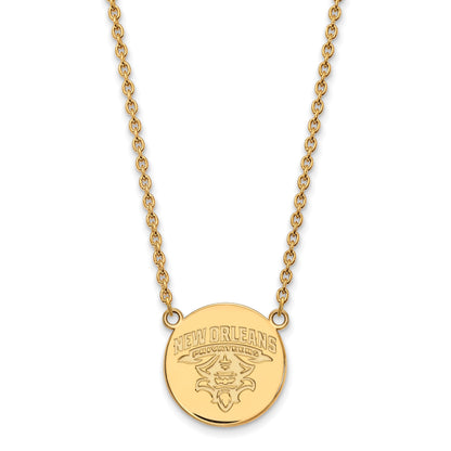 Gold Plated Sterling Silver Logoart University Of New Orleans Privateers Large Disc 18 Inch Necklace