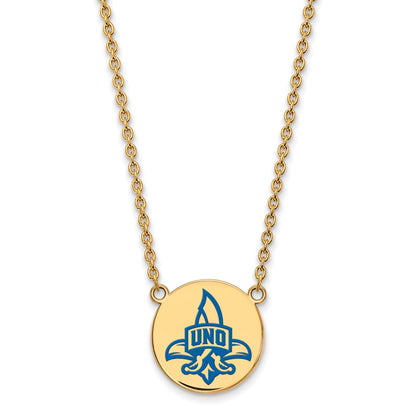 Gold Plated Sterling Silver Logoart University Of New Orleans Privateers Large Enameled Disc 18 Inch Necklace