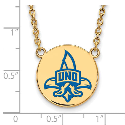 Gold Plated Sterling Silver Logoart University Of New Orleans Privateers Large Enameled Disc 18 Inch Necklace