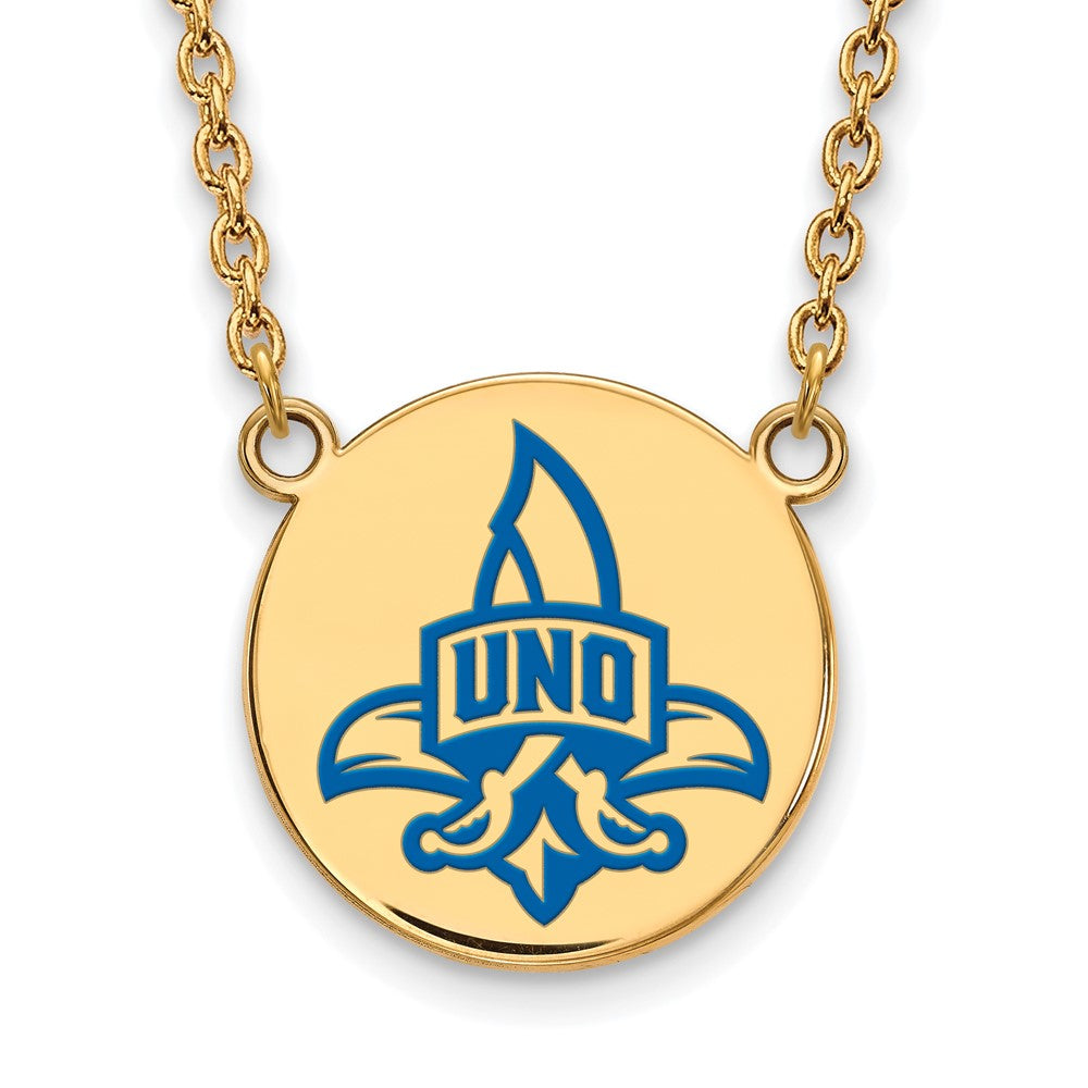 Gold Plated Sterling Silver Logoart University Of New Orleans Privateers Large Enameled Disc 18 Inch Necklace