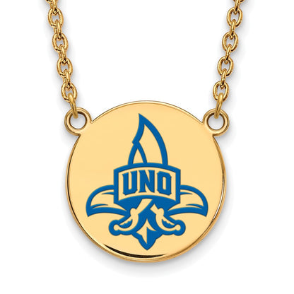 Gold Plated Sterling Silver Logoart University Of New Orleans Privateers Large Enameled Disc 18 Inch Necklace