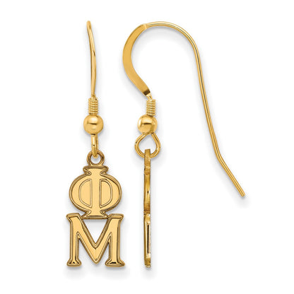 Gold Plated Sterling Silver Logoart Phi Mu Extra Sorority Greek Letters Small Dangle Wire Earrings