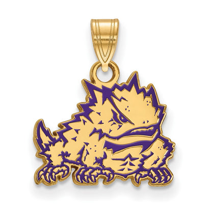 Gold Plated Sterling Silver Logoart Texas Christian University Horned Frog Small Enameled Pendant