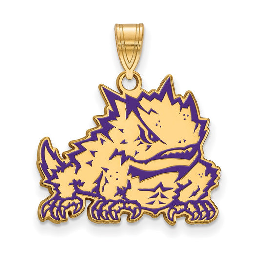 Gold Plated Sterling Silver Logoart Texas Christian University Horned Frog Large Enameled Pendant