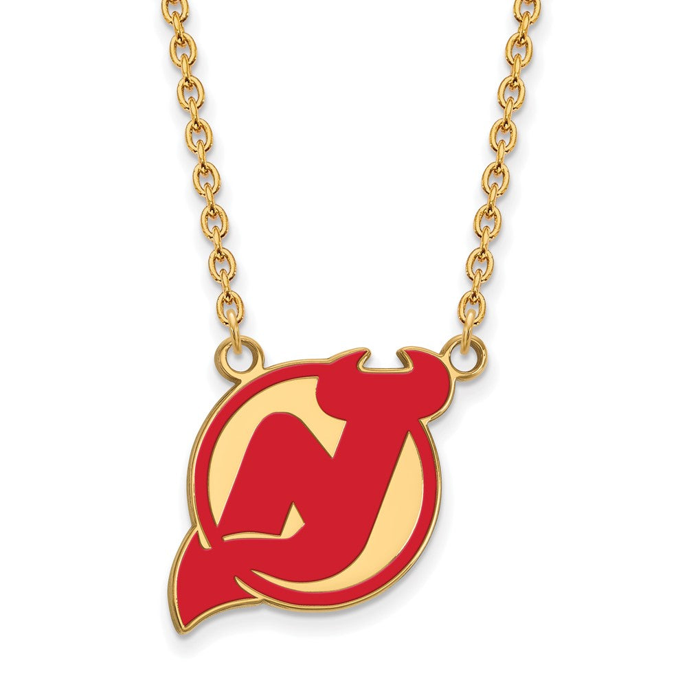 Gold Plated Sterling Silver Nhl Logoart New Jersey Devils Large Enameled Pendant 18 Inch Necklace